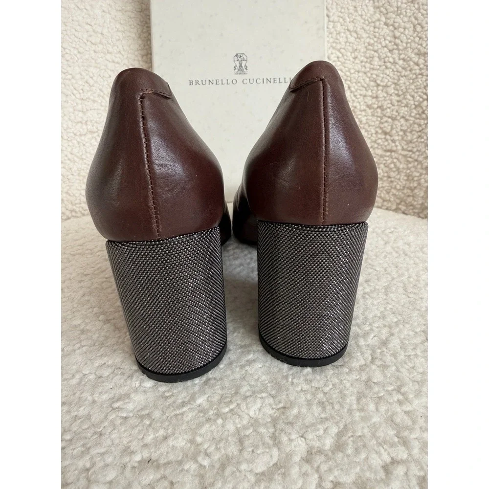 NWT‎ Brunello Cucinelli - Brown Leather And Caviar Beads Block Heel Size 37